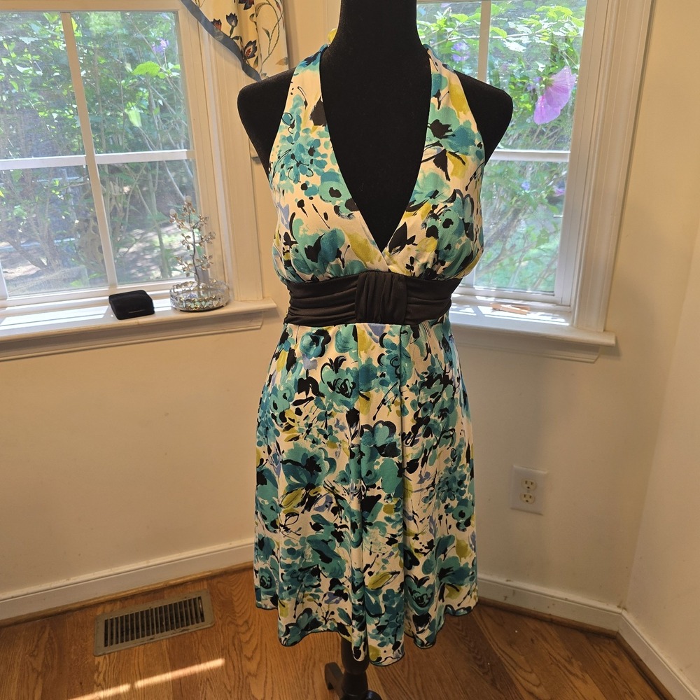 Speechless Halter Fit Flare Dress Teal Black‎ Floral Open Back Cocktail Medium
